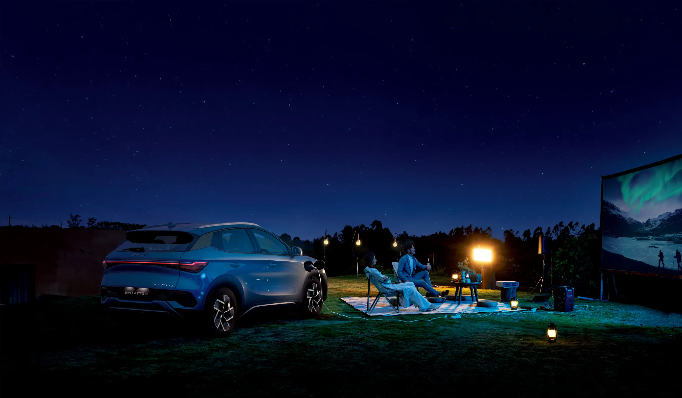 BYD Atto 3 night lifestyle view